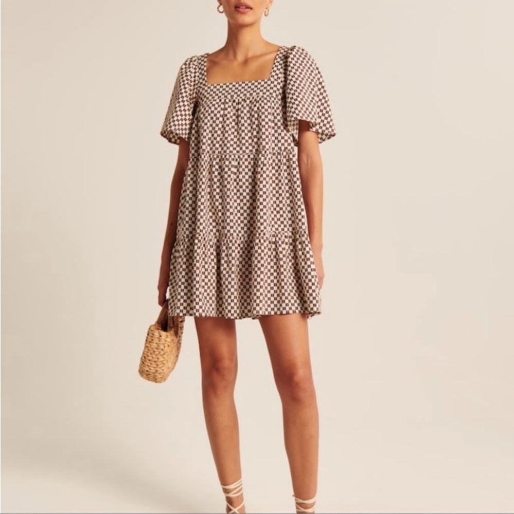EUC Abercrombie & Fitch Angel Sleeve Trapeze Mini Dress Brown Checkered Size S - Picture 2 of 12